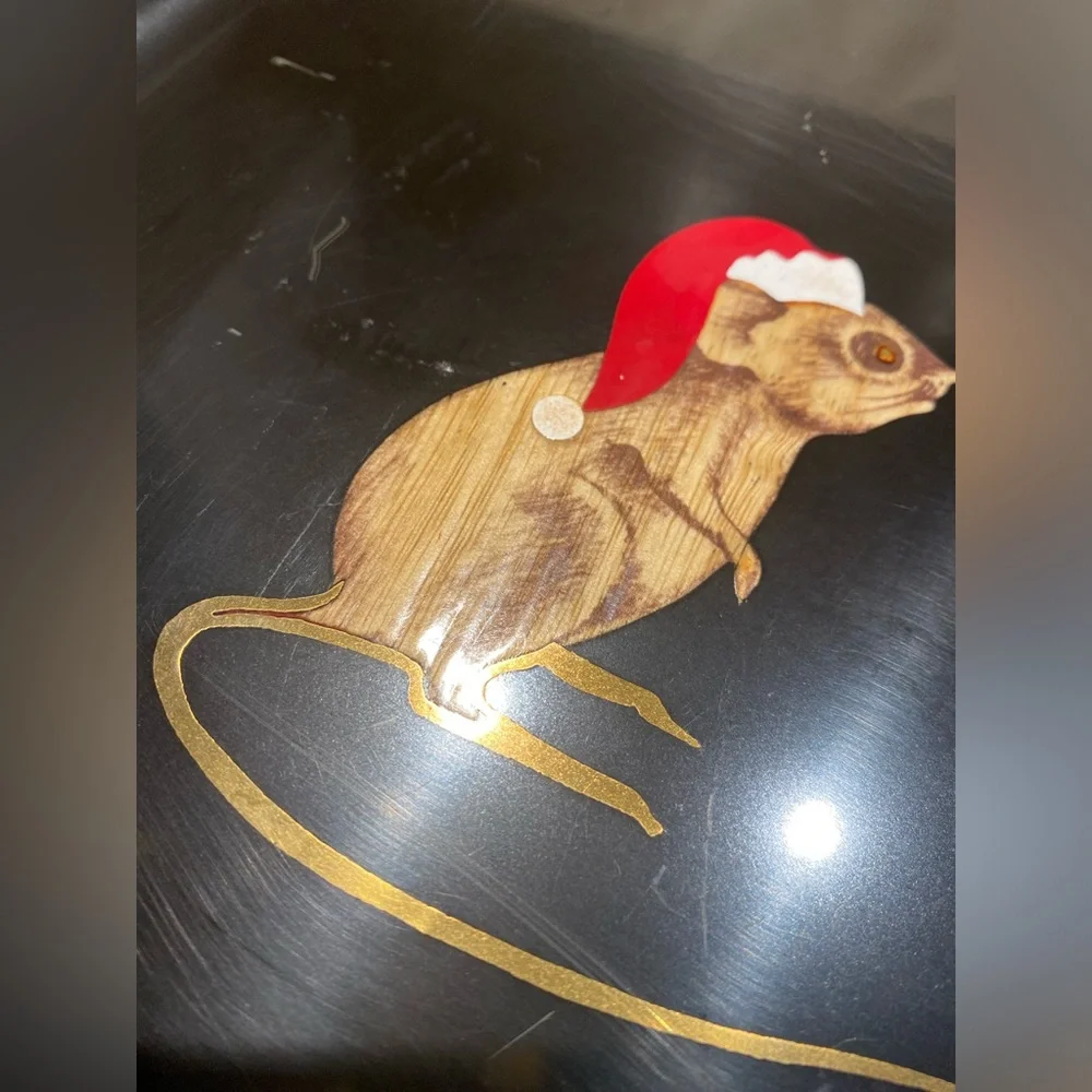 Vintage Couroc Christmas Mouse Inlay Serving Trays Black Lacquer Rectangle